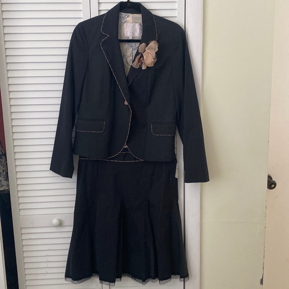 Rebecca Taylor Pin Striped Skirt Suit with pink lace details and flower broach